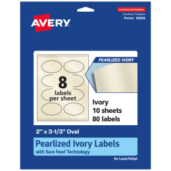 Avery® Pearlized Permanent Labels With Sure Feed®, 94056-PIP10, Oval, 2" x 3-1/3", Ivory, Pack Of 80 Labels