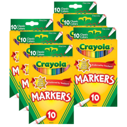 Crayola Fine Line Markers, Fine Point, Assorted Classic Colors, 10 Markers Per Pack, Set Of 6 Packs