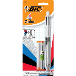 BIC® 4-Color Pen/Pencil, #2HB Pencil Lead, 0.7 mm Medium Point, White/Gray/Black Barrel, Black/Blue/Red Ink