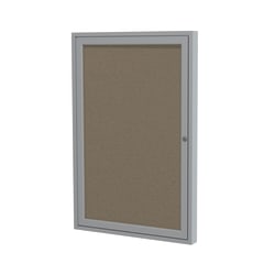 Ghent Traditional Enclosed 1-Door Fabric Bulletin Board, 24" x 18", Taupe, Satin Aluminum Frame