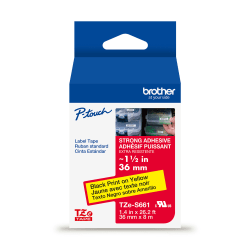 Brother P-Touch TzeS661, Strong Adhesive Laminated, ~1-1/2in x 26.2ft (36mm x 8m), Black on Yellow Label Tape