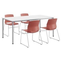 KFI Studios Dailey Table With 4 Sled Chairs, White/Silver Table, Coral/Silver Chairs