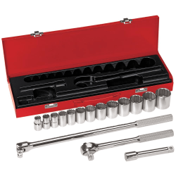 Klein Tools 16-Piece 1/2" Drive Socket Wrench Set, Red/Chrome