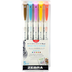 Zebra® Pen MILDLINER™ Double-Ended Creative Markers, Pack Of 5, Fine/Brush Point, Assorted Bright Colors