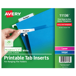 Avery® Printable Tab Inserts For Hanging File Folders, 1/5 Cut For 2" Tabs, White, Box Of 100