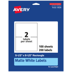 Avery® Permanent Labels, 94229-WMP100, Rectangle, 5-1/2" x 8-1/2", White, Pack Of 200