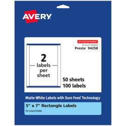 Avery® Permanent Labels With Sure Feed®, 94258-WMP50, Rectangle, 5" x 7", White, Pack Of 100