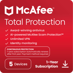 McAfee Total Protection, 2024, For 5 Devices, 1-Year Subscription, Windows/IOS, Download