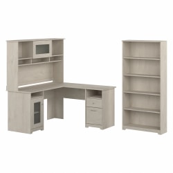 Bush Business Furniture Cabot 60"W L-Shaped Corner Desk With Hutch And 5-Shelf Bookcase, Linen White Oak, Standard Delivery