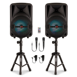 QFX Portable Bluetooth True Wireless PA Systems With Microphones, Stands & Remotes, Black, Set Of 2 Systems, PBX-800TWS