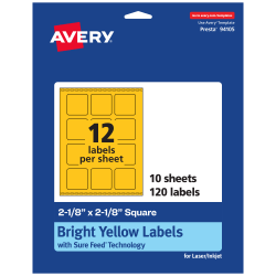 Avery® Print-To-The-Edge Labels With Sure Feed® Technology And Easy Peel® Label Feature, 94105-BYP10, Square, 2-1/8" x 2-1/8", Matte Bright Yellow, Pack of 120