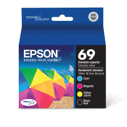 Epson® 69 DuraBrite® Black And Cyan, Magenta, Yellow Ink Cartridges, Pack Of 4, T069120-BCS