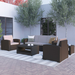 Flash Furniture 5-Piece Outdoor Faux-Rattan Sofa, Chair And Table Set, Chocolate Brown