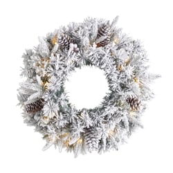 Nearly Natural Flocked Artificial Christmas Wreath With 35 Warm LED Lights, 20" x 5", White