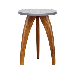 Coast to Coast Wood Round Accent Table With Bone Inlay, 22"H x 16"W x 16"D, Sandalwood Brown/Floral Blue