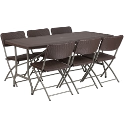 Flash Furniture Rattan Plastic Folding Table Set With 6 Chairs, 28-3/4"H x 32-1/2"W x 67-1/2"D, Brown
