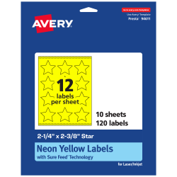 Avery® Print-To-The-Edge Labels With Sure Feed® Technology, 94611-NYP10, Star, 2-1/4" x 2-3/8", Matte Neon Yellow, Pack of 120