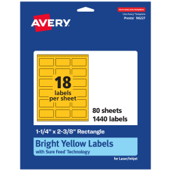 Avery® Print-To-The-Edge Labels With Sure Feed® Technology And Easy Peel®, 94227-BYP80, Rectangle, 1-1/4" x 2-3/8", Matte Bright Yellow, Pack of 1440