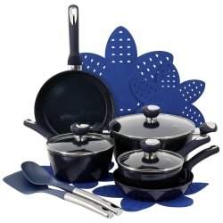 Oster Hawke 14-Piece Aluminum Ceramic Nonstick Cookware Set, Dark Blue
