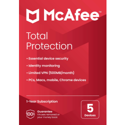 McAfee® Total Protection Antivirus & Internet Security Software, For 5 Devices, 1-Year Subscription, Windows®/Mac®/Android/iOS/Chrome OS, Product Key