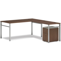 HON® Mod 66"W L-Station Table Writing Desk With Mobile Pedestal, Sepia Walnut/Cool Neutral/Silver