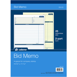 Adams® Bid Memo Book, 8 3/8" x 11 7/16", White, 50 Sheets Per Book