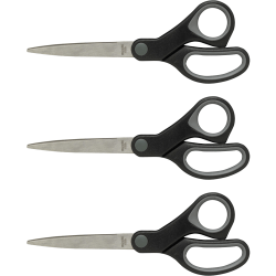 Sparco Straight Scissors w/Rubber Grip Handle - 8" Overall Length - Straight - Stainless Steel - Black, Gray - 3 / Bundle