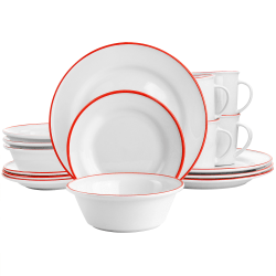 Martha Stewart Fine Ceramic 16-Piece Dinnerware Set, White/Red