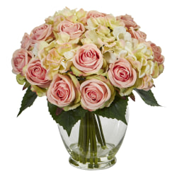 Nearly Natural Rose And Hydrangea 12"H Artificial Bouquet Arrangement. 12"H x 10"W x 10"D, Pink