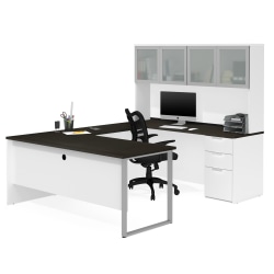 Bestar Pro-Concept Plus 72"W U-Shaped Executive Computer Desk With Pedestal And Frosted Glass Door Hutch, White/Deep Gray