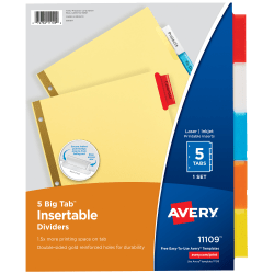 Avery® Big Tab™ Insertable Dividers Gold Reinforced Edge, Buff/Multicolor, 5-Tab