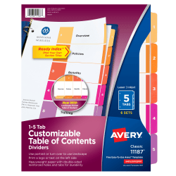 Avery® Ready Index® 1-5 Tab Binder Dividers With Customizable Table Of Contents, 8-1/2" x 11", 5 Tab, White/Multicolor, Pack Of 6 Sets