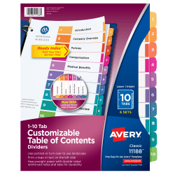 Avery® Ready Index® 1-10 Tab Binder Dividers With Customizable Table Of Contents, 8-1/2" x 11", 10 Tab, White/Multicolor, Pack Of 6 Sets