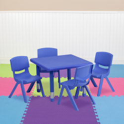 Flash Furniture 24'' Square Plastic Height-Adjustable Activity Table with 4 Chairs, Blue