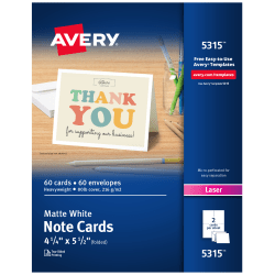 Avery® Printable Note Cards With Envelopes, 4.25" x 5.5", White, Pack Of 60 Blank Note Cards For Laser Printers