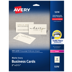 Avery® Printable Business Cards With Sure Feed® Technology For Laser Printers, 2" x 3.5", Ivory, 250 Blank Cards