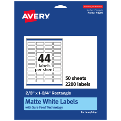 Avery® Permanent Labels With Sure Feed®, 94209-WMP50, Rectangle, 2/3" x 1-3/4", White, Pack Of 2,200