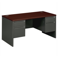 HON® 38000 60"W Double-Pedestal Computer Desk, Mahogany/Charcoal