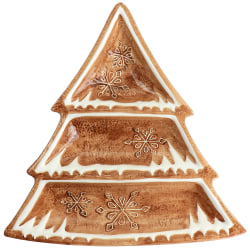 Martha Stewart Ceramic Gingerbread Tree 3-Sectioned Tidbit Tray, 1-1/4"H x 11-5/8"W x 11-15/16"D, Brown