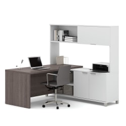 Bestar Pro-Linea 72"W L-Shaped Desk With Hutch, Bark Gray/White