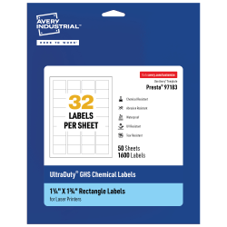 Avery® Ultra Duty® Permanent GHS Chemical Labels, 97183-WMU50, Rectangle, 1-1/4" x 1-3/4", White, Pack Of 1,600