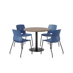 KFI Studios Midtown Pedestal Round Standard Height Table Set With Imme Armless Chairs, 31-3/4"H x 22"W x 19-3/4"D, Studio Teak Top/Black Base/Navy Chairs