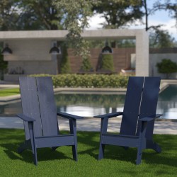 Flash Furniture Sawyer Modern All-Weather Poly Resin Wood Adirondack Chairs, Navy, Set Of 2 Chairs