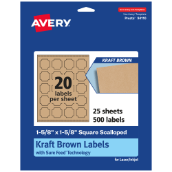 Avery® Kraft Permanent Labels With Sure Feed®, 94110-KMP25, Square Scalloped, 1-5/8" x 1-5/8", Brown, Pack Of 500