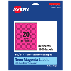 Avery® Print-To-The-Edge Labels With Sure Feed® Technology, 94110-NMP80, Square Scalloped, 1-5/8" x 1-5/8", Matte Neon Magenta, Pack of 1600