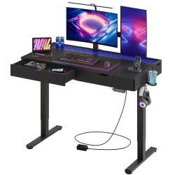 Bestier 48"W Electric Adjustable-Height Standing Desk With Drawers And RGB Lights, Carbon Fiber Black