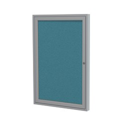 Ghent Traditional Enclosed 1-Door Fabric Bulletin Board, 24" x 18", Teal, Satin Aluminum Frame