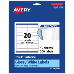Avery® Glossy Permanent Labels With Sure Feed®, 94202-WGP10, Rectangle, 1" x 4", White, Pack Of 200