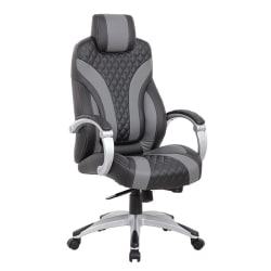 Boss Office Products Hinged Arm Ergonomic Faux Leather High-Back Executive Chair With Synchro-Tilt, Black/Gray