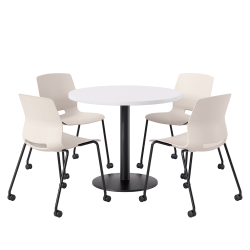 KFI Studios Proof Cafe Round Pedestal Table With Imme Caster Chairs, Includes 4 Chairs, 29"H x 36"W x 36"D, Designer White Top/Black Base/Moonbeam Chairs